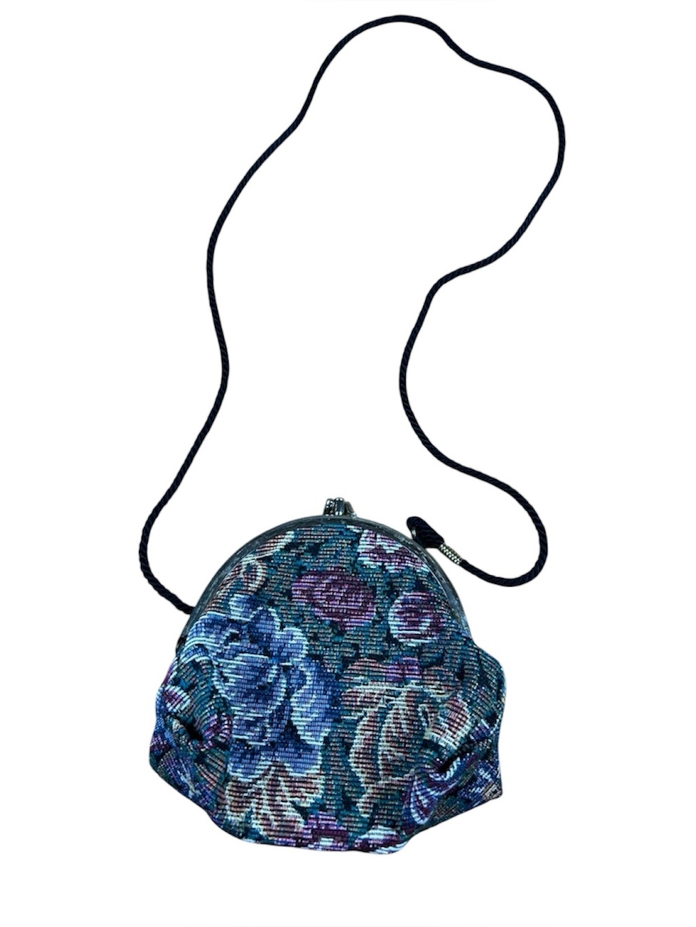 Vintage Tapestry Shoulder Bag Floral Kiss Lock Two Compartments Rosary Pouch